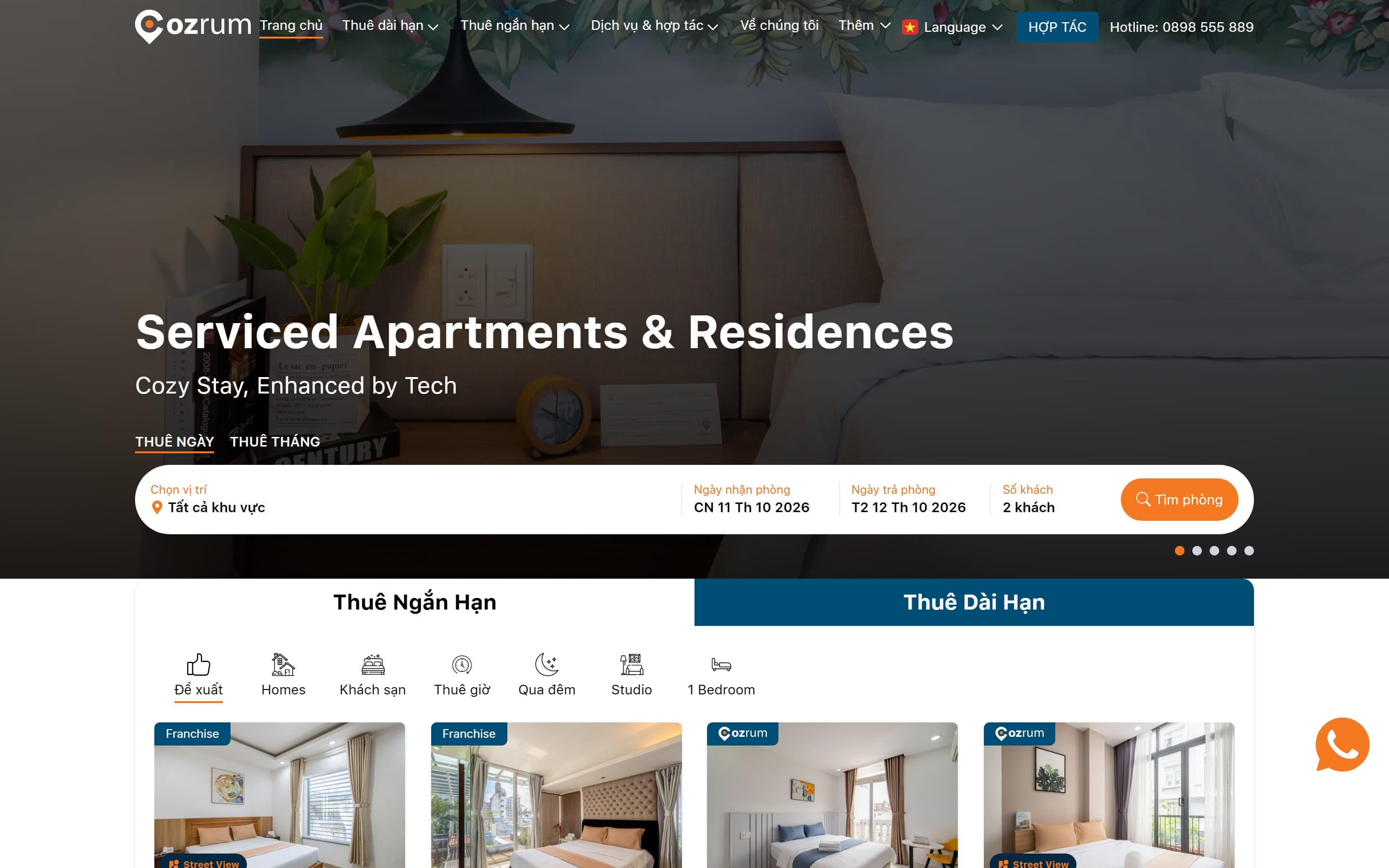 Cozrum homepage with a booking search bar