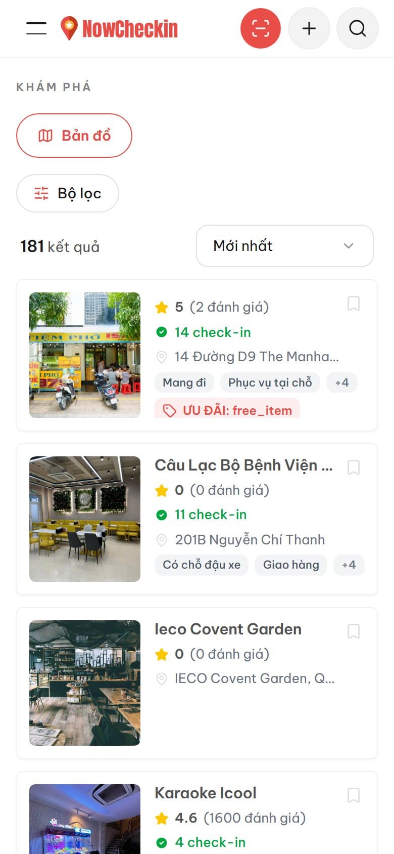 Trang khám phá của NowCheckin trên điện thoại