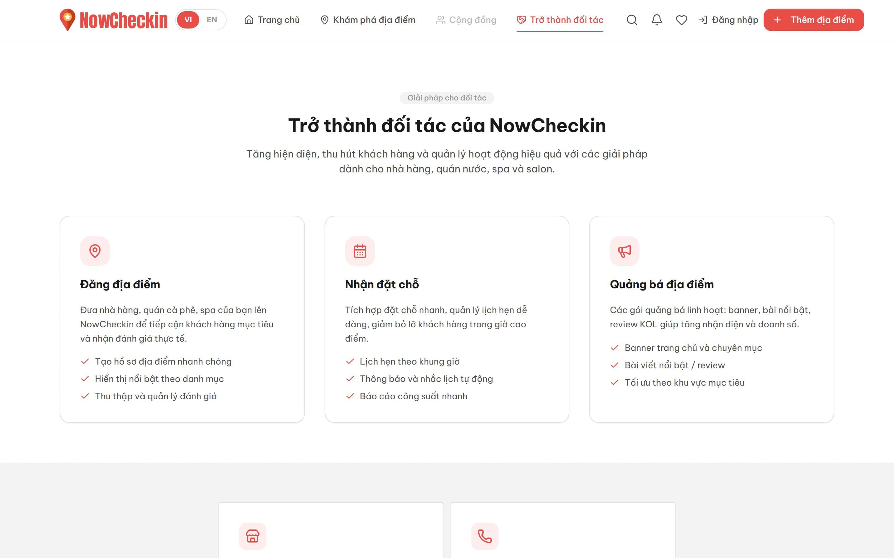 Trang mời chủ địa điểm trở thành đối tác của NowCheckin