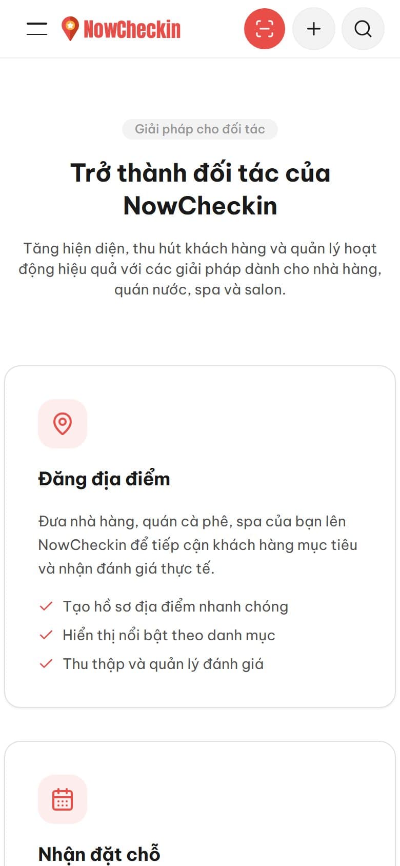 Trang đối tác của NowCheckin trên điện thoại